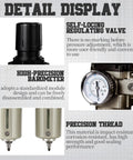 Pro Grade Heavy Duty 1/2 Inch NPT Air Compressor Dryer With 3 Stage Water And Oil Separator showing self-locking valve and high-precision barometer.