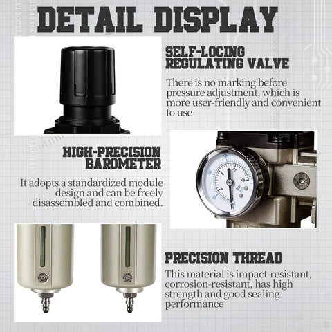 Pro Grade Heavy Duty 1/2 Inch NPT Air Compressor Dryer With 3 Stage Water And Oil Separator showing self-locking valve and high-precision barometer.