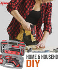 Red 35 Piece Tool Kit With 3.6V USB Electric Screwdriver And Drill Set, used in DIY home project with open tool case on table.