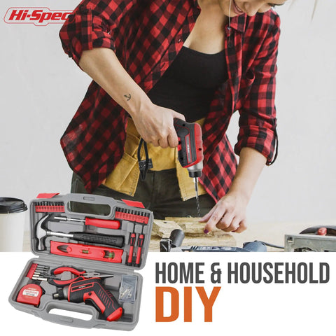 Red 35 Piece Tool Kit With 3.6V USB Electric Screwdriver And Drill Set, used in DIY home project with open tool case on table.