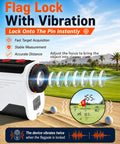 Go-To Golf Rangefinder With Slope 1500 Yard Laser Rangefinder highlights flag lock and vibration feature on golf course