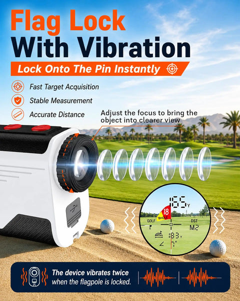 Go-To Golf Rangefinder With Slope 1500 Yard Laser Rangefinder highlights flag lock and vibration feature on golf course
