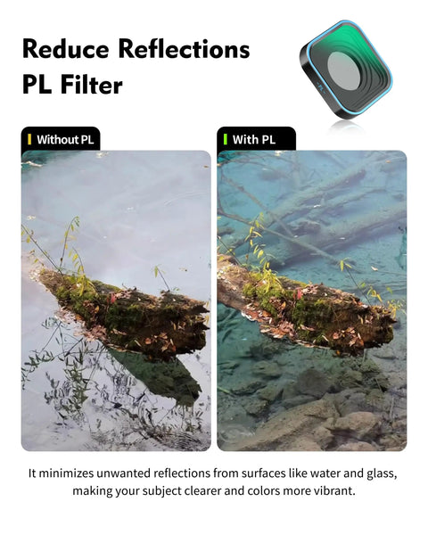 Comparison of water reflections with and without Dope Circular Polarizer CPL Lens Filter For GoPro Hero 9 10 11 12 13 Black Multi Coated HD Glass