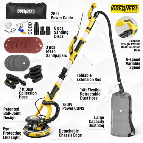 Pro Level Drywall Sander With Full Vacuum Hookup For Popcorn Ceilings Smoothly Eats Up Fine Dust Featuring 7ft Dust Collection Hose.
