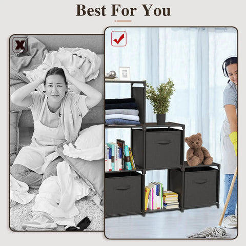 Comparison of messy room vs tidied space with Six Cube Storage Organizer With Three Extra Drawers, Dope Sturdy Modular Shelves