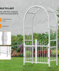 White PVC Garden Arbor With Gate Wedding Arch For Outdoor Ceremony And Party, set in a rainy garden, easy setup visualization.
