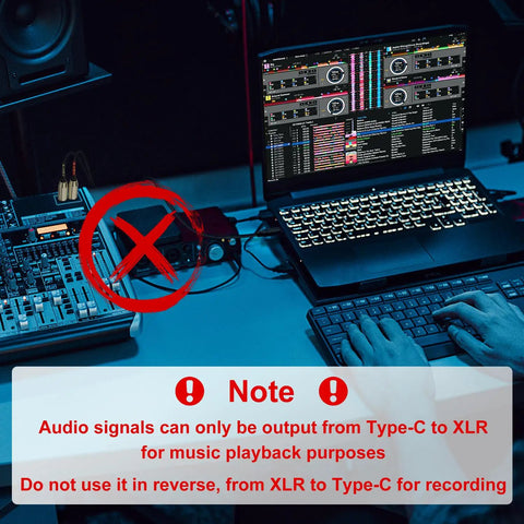 Setup with laptop, DJ console, and USB C to Dual XLR Male Audio Cable for Amplifiers and Mixers, 6ft, note on usage.