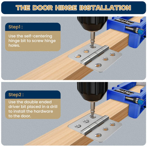 Pro Grade Door Hinge Mounting Template Kit With Mortise Opener And Locking Clips For Three To Five Inch Hinges in use for drilling.
