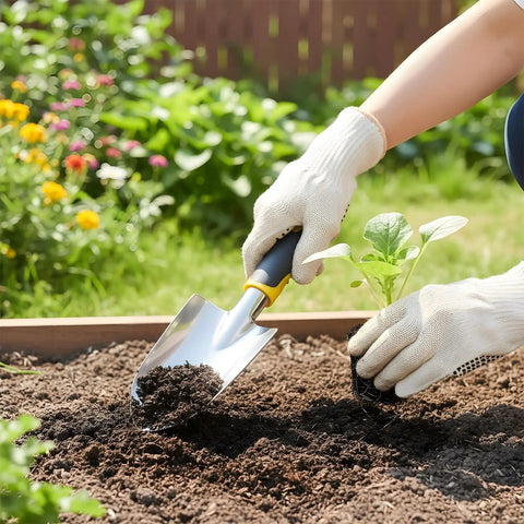 Person using a 10 Piece Go To Garden Trowel Set With Heavy Duty Hand Shovels Soft TPR Handles Mini Spade For Digging Planting in soil
