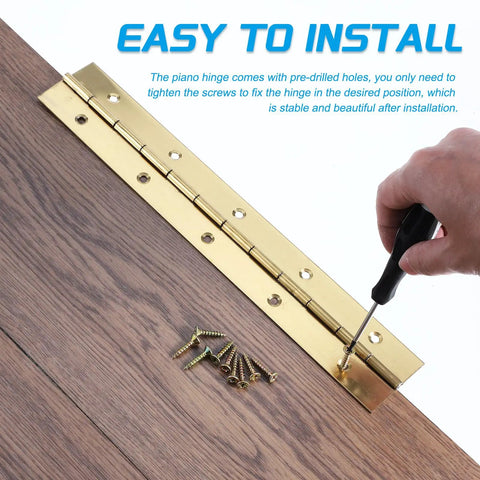 Heavy Duty Piano Hinge 36 Inch Long 2 Inch Wide Stainless Steel Continuous Door Hardware With Screws Gold Tone Finish For Cabinets installed on wood with screws.