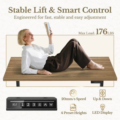 Woman adjusting the 70 Inch L Shaped Electric Standing Desk With Heavy Duty Steel Frame And Smooth As Silk Height Adjustments.