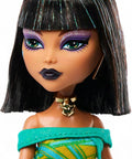 Cleo De Nile Fashion Figure Featuring A Chic Asymmetric Wrap Dress And Bold Over The Shoulder Neckline, detailed face with stylish makeup.