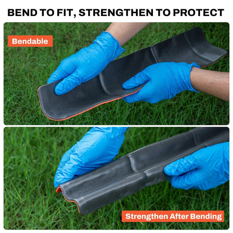 Rhino Rescue first aid splint, 36 by 4.3 inches, orange-gray, bent by blue-gloved hands outdoors.