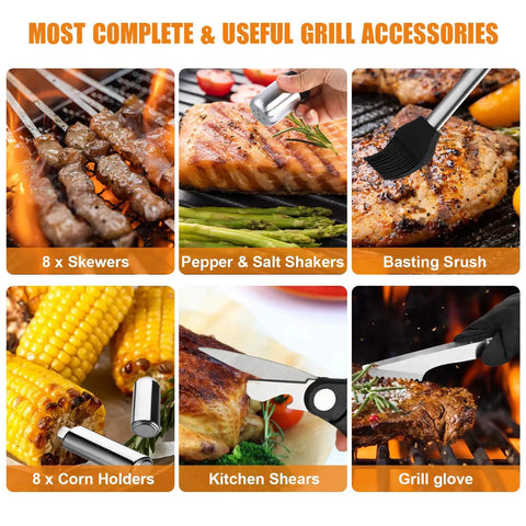 38 Piece Stainless Steel BBQ Grill Tools Set With Aluminum Case Includes tongs, spatula, basting brush, skewers, corn holders.