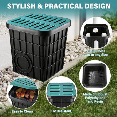 15.75 Inch Square Catch Basin With Grate And Debris Basket No Pre Cut Openings Outdoor Drain Box For Downspout Runoff Lawn Patio And Landscape Drainage Solution, shown with removable debris basket and polyethylene construction.