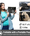 Woman holding black Car Seat Travel Backpack For Air Travel Universal Infant Car Seat Gate Check Bag Cover Foldable Travel Case With Pouch