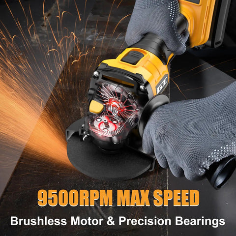 Cordless 4-1/2 Inch Brushless Angle Grinder For 20V Max Batteries Not Included cutting sparks, tool in action, 9500 RPM speed