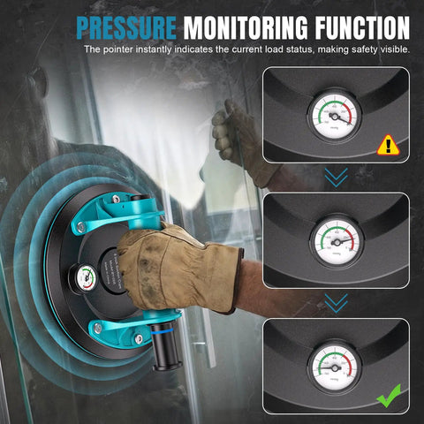 8 Inch Suction Cups 2 Pack Heavy Duty 880 Lbs Glass Tile Granite Lifting Tool With Carrying Case showing pressure gauge