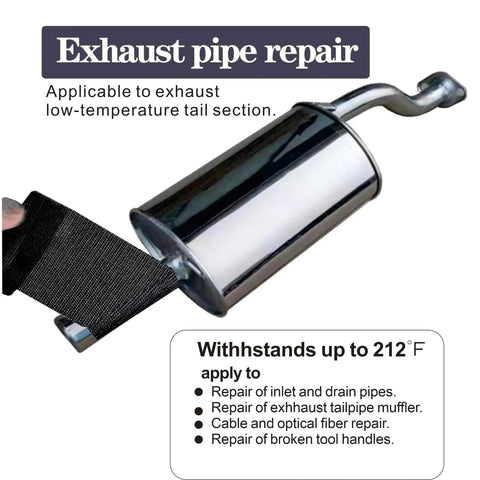 Image showing Fiberglass Repair Tape Kit being applied to exhaust pipe for repair, fits Quick Curing DIY Fix It Jobs specification.