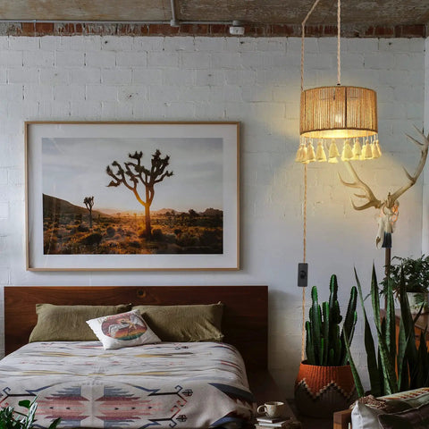 Boho Hemp Rope Pendant Light With Plug In Cord 15ft Hanging Lamp With On Off Switch UL Certified Socket Vintage Rustic Chandelier