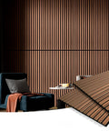 Premium Fluted Acoustic Wood Slat Wall Panels 2 Pack In Clean Walnut Tone measuring 47.2 By 23.6 Inches displayed in a living space.