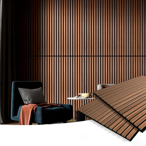 Premium Fluted Acoustic Wood Slat Wall Panels 2 Pack In Clean Walnut Tone measuring 47.2 By 23.6 Inches displayed in a living space.
