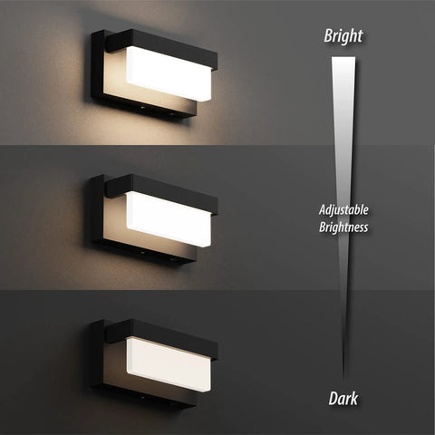 Modern Sleek Black Wall Sconce With On Off Switch 8 Inch LED Wall Lamp Acrylic White Lampshade 4000K showing brightness levels
