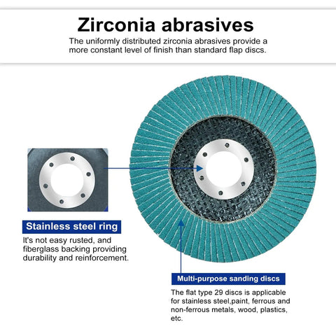 100 Pack Zirconia Flap Discs 40 Grit 4.5 Inch By 7/8 Inch Bevel Type 29 Premium Industrial Grade Angle Grinder Grinding Wheel with stainless steel ring.