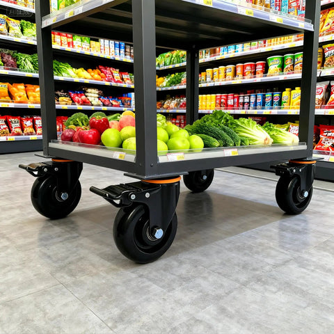 Built Tough 4 Inch Industrial Swivel Caster Wheels With Slam Lock Brakes Set Of 4 Roll Easy Flat Casters on a cart with vegetables.