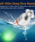 Two Pack Scuba Dive Strobe Signal Lights Mini Tank Lit Night Dive Markers Underwater LED Flashing Safety Beacons 150M Waterproof Dive Lights For Tanks Or BCDs Long Battery Life With AAA Batteries Green submerged with glowing light in water
