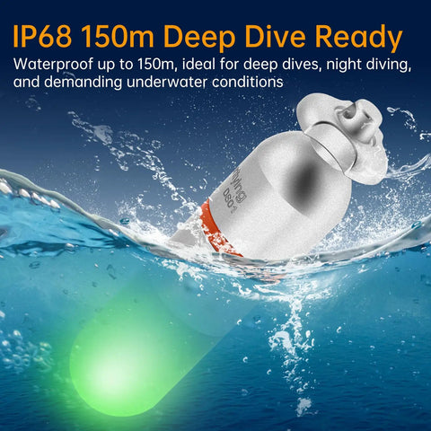 Two Pack Scuba Dive Strobe Signal Lights Mini Tank Lit Night Dive Markers Underwater LED Flashing Safety Beacons 150M Waterproof Dive Lights For Tanks Or BCDs Long Battery Life With AAA Batteries Green submerged with glowing light in water