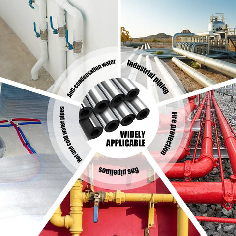 Eight Pack Pipe Insulation Foam Tubes With Self Adhesive Aluminum Foil Wrap shown with various industrial pipe applications
