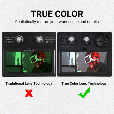 Auto Darkening Welding Helmet With True Color View Solar Powered Skull Design comparing traditional vs true color lenses