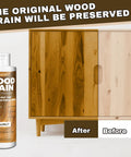 Superior Water Based Walnut Wood Stain With Snappy Matte Finish Dries Lightning Fast covers a cabinet in before and after comparison.