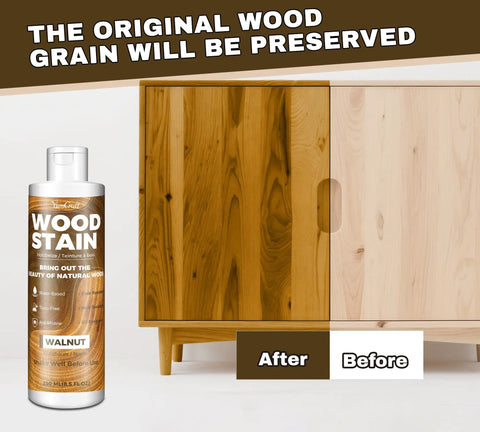 Superior Water Based Walnut Wood Stain With Snappy Matte Finish Dries Lightning Fast covers a cabinet in before and after comparison.