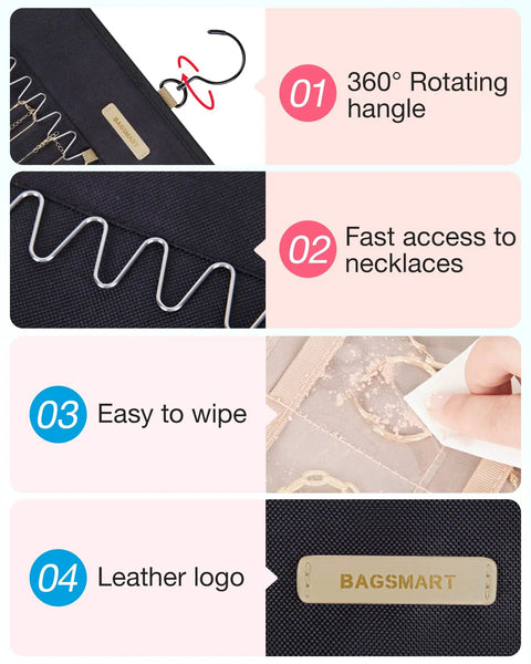Premium Hanging Jewelry Organizer Roll With Durable Wave Shaped Hooks Holds Forty Two Chains Earrings And Rings For Quick Travel Access Black Gonna Keep Your Bling Completely Locked Down