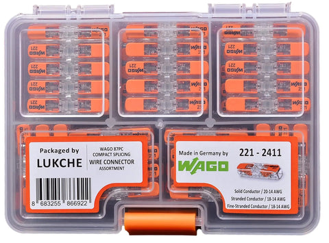 DIY Friendly Lever Nut Inline Wire Connectors 221 Series 87-Piece Case Set, plastic case with organized wire connectors visible