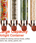 Kick Start Your Storage Game With These Massive Wall Mounted Coffee Bean Dispensers For Cereal Tea Sugar Nuts Candy And Dry Grains Heavy Duty Pantry Jars 2 Pack Matte Black, large airtight containers holding colorful snacks and spices.