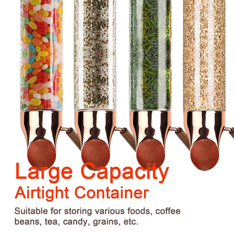 Heavy Duty Wall Mounted Coffee Bean And Cereal Dispenser With Clear Acrylic Bin For Candy Tea Maintains Crunch Nuts And Snacks Top Shelf Gold Pantry Organizer Setup Two Pack, large airtight containers with colorful candy, herbs, and grains.