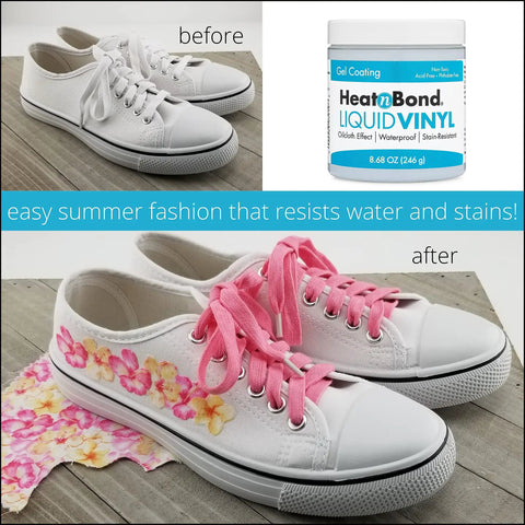 Before and after of white sneakers treated with Liquid Vinyl Gel Coating For Fabrics Waterproof And Stain Resistant 8.68 Oz.