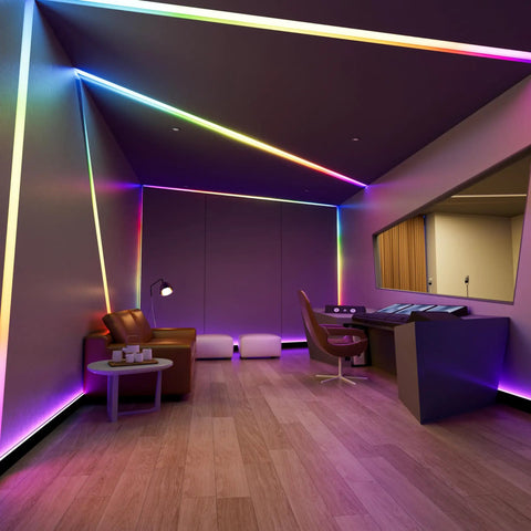 LED-lit room with Dotless RGB LED Strip Lights With Smart IC Addressable COB Tape 16.4ft outlining ceiling and walls, 24V.