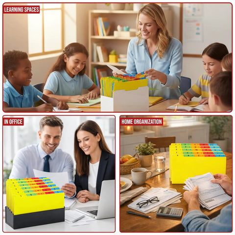 Top Shelf Alphabetical Hanging File Folder Dividers Featuring Five Vibrant Color Coded Tabs For Letter Size in use during office work and learning.