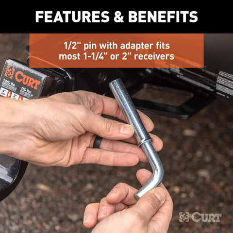 Trailer Hitch Pin And Clip 1/2 Inch Diameter With 5/8 Inch Adapter Fits 1-1/4 Inch And 2 Inch Receiver Tubes Easy Grip 105 Degree Bend