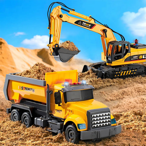 Two Pack Construction Truck Toys for Kids Ages 3 to 8, Moveable Claw Excavator and Lifting Dump Truck with Lights and Sounds