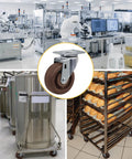 Collage featuring high-temp swivel caster wheels in industrial settings with machinery, ovens, and storage racks for heavy duty use.