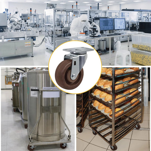 Collage featuring high-temp swivel caster wheels in industrial settings with machinery, ovens, and storage racks for heavy duty use.