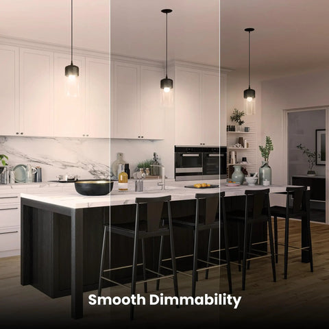 A19 LED Light Bulbs 100W Equivalent Dimmable Warm White 3000K 1600 Lumens used in modern kitchen lighting.