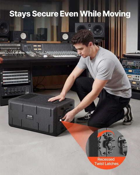 Kickass 4U Rack Mount Case Shallow Flight Box With Integrated Mic Storage Heavy Duty Bulletproof Polyethylene Build Recessed Slide Latches Badass Gear Vault For Amps And Studio Processors