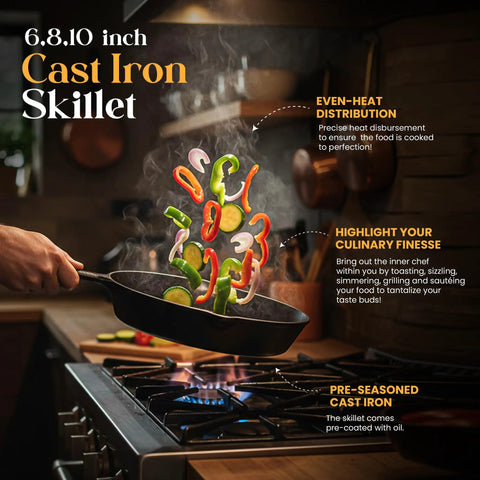 Cooking vegetables in Premium Cast Iron Skillet Set 6, 8, 10 Inch Preseasoned Frying Pans PFAS-Free on stovetop