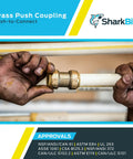 Hands installing Three Quarter Inch Straight Push To Connect Brass Plumbing Coupling Pack Of 12 No Tools Needed Quick Connect Fittings for PEX Copper CPVC PERT HDPE Pipes In Tight Spaces Easy Snap In U016LF on a pipe.